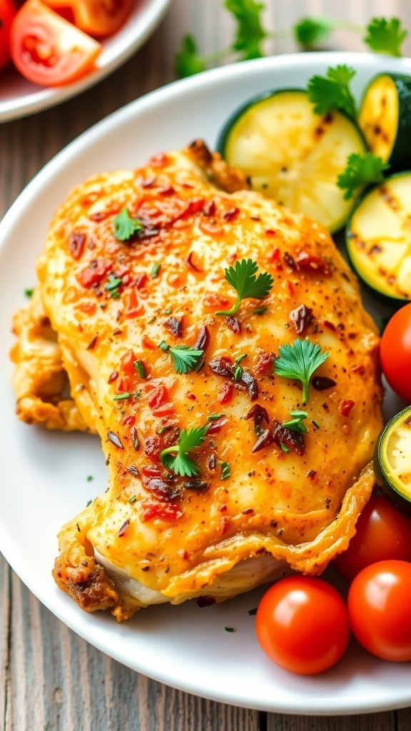Crispy Air Fryer Lemon Herb Chicken Thighs Crispy air fryer lemon herb chicken thigh on a plate with summer vegetables.